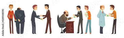 Business People Character Taking Cash Bribe Vector Set