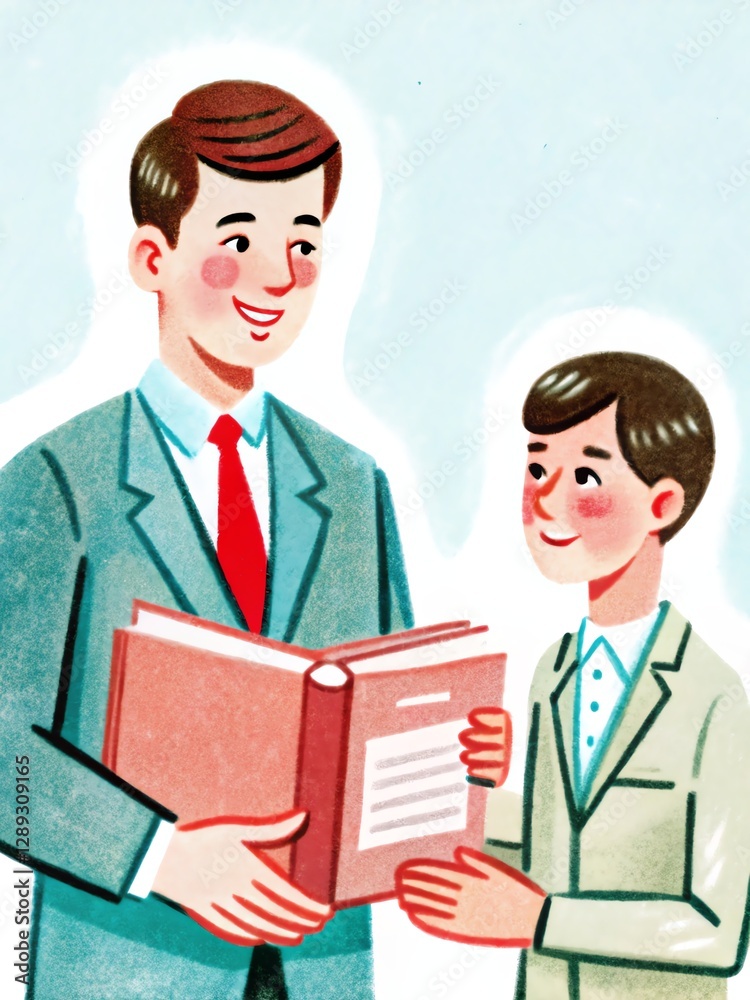 Illustration of two smiling individuals in suits holding a book, emphasizing education. Illustration of two smiling individuals in suits holding a book, emphasizing education.