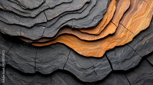 A layered rock formation with dark and orange hues, showcasing natural geological patterns.