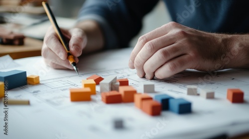 Architect Working on a Blueprint with Colorful Blocks