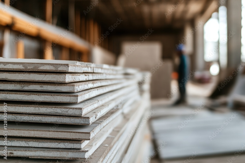 A shot of drywall sheets being stacked on the floor of a construction site. A shot of drywall sheets being stacked on the floor of a construction site.