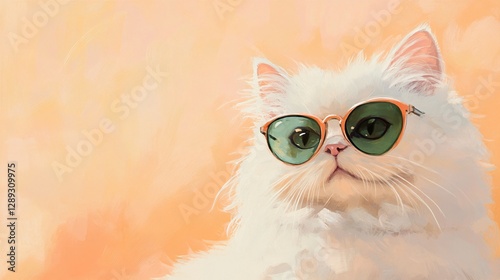 Fluffy White Persian Cat Wearing Vintage Sunglasses on Peach Backdrop