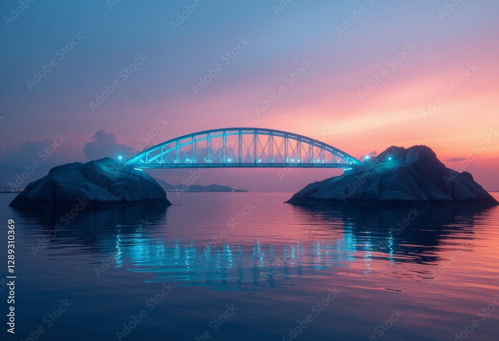 Naklejka premium Serene Sunset Over a Bridge Spanning Calm Waters Between Rocky Outcrops