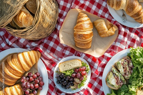 A picnic setup on a red and white checkered blanket with a wicker basket filled with bread, grapes, and other snacks. Plates with sandwiches, croissants, and grapes are laid out on the blanket.