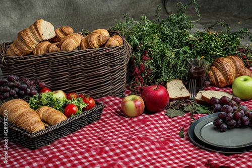 A picnic setup on a red checkered blanket with a wicker basket filled with grapes, apples, and bread. The spread includes croissants, bread slices, a salad