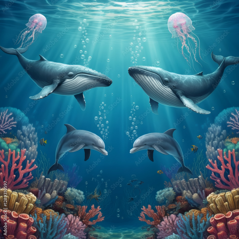 Obraz premium Cute ocean life seamless pattern with whales, dolphins, coral reefs, and jellyfish