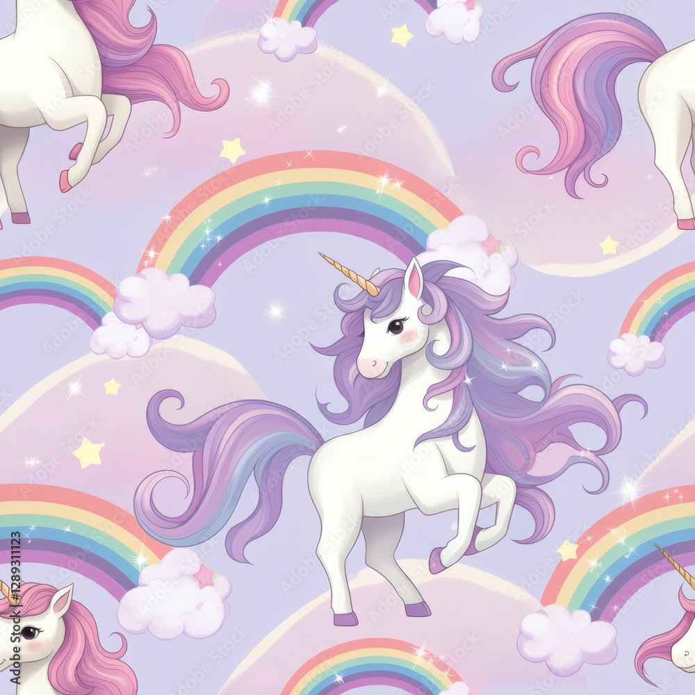 Fototapeta premium seamless fantasy pattern featuring unicorns, rainbows, stars, and fluffy clouds in soft pastel tones, perfect for magical-themed designs