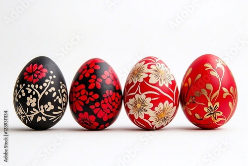 Ukrainian ornament flower pattern on easter eggs, red and black pattern, white background, Easter time