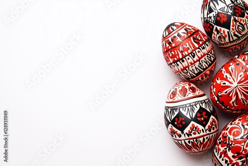 Ukrainian ornament flower pattern on easter eggs, red and black pattern, white background, Easter time