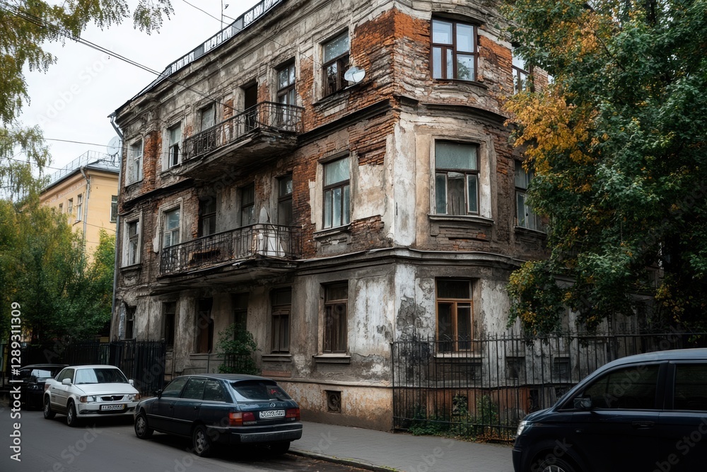 The facade of an old house before restoration, with visible defects on the walls. The facade of an old house before restoration, with visible defects on the walls.