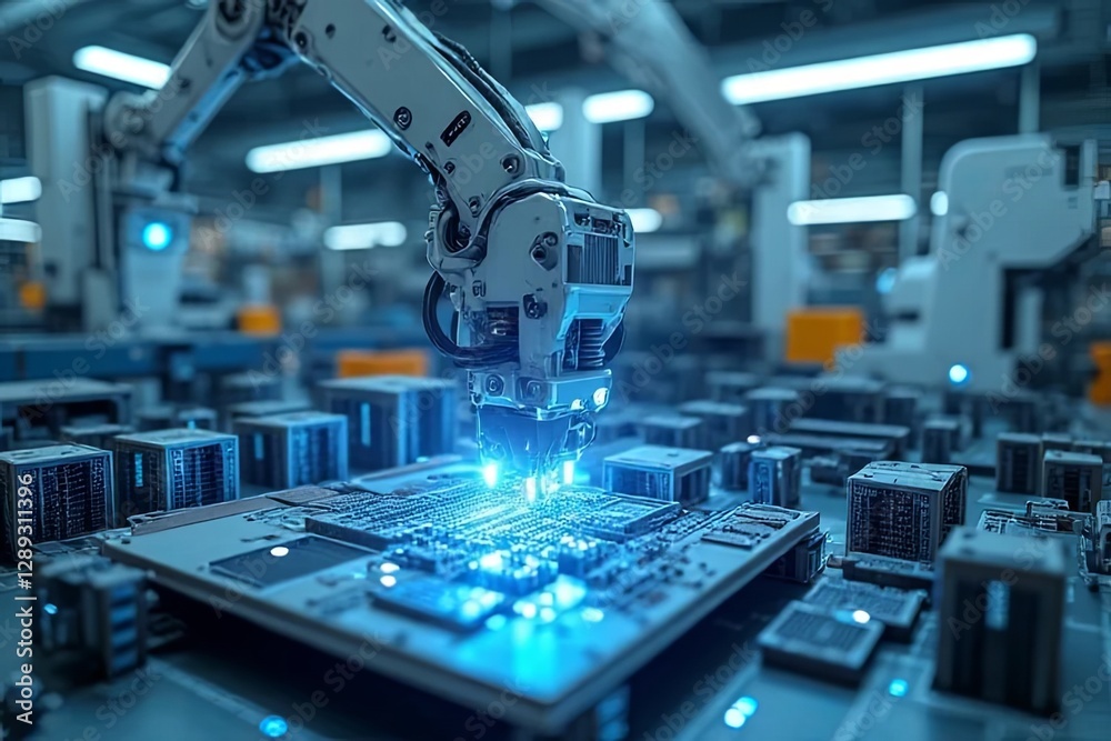 Robotic arm assembling circuit boards manufacturing facility technology image industrial setting close-up view automation concept Robotic arm assembling circuit boards manufacturing facility technology image industrial setting close-up view automation concept