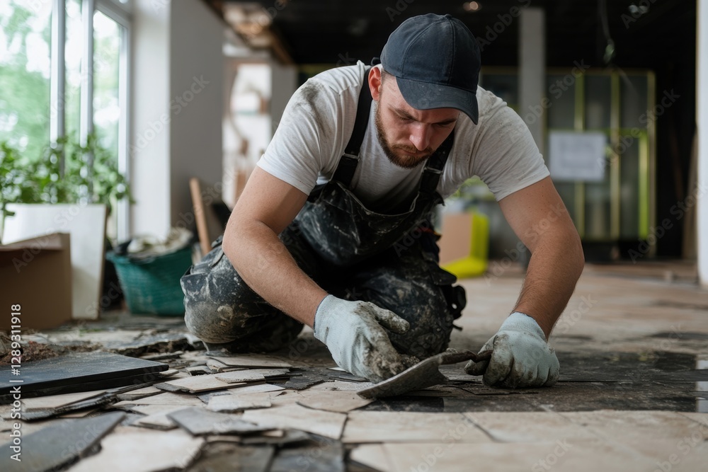 A worker dismantles old tiles and cleans the damaged surface. A worker dismantles old tiles and cleans the damaged surface.
