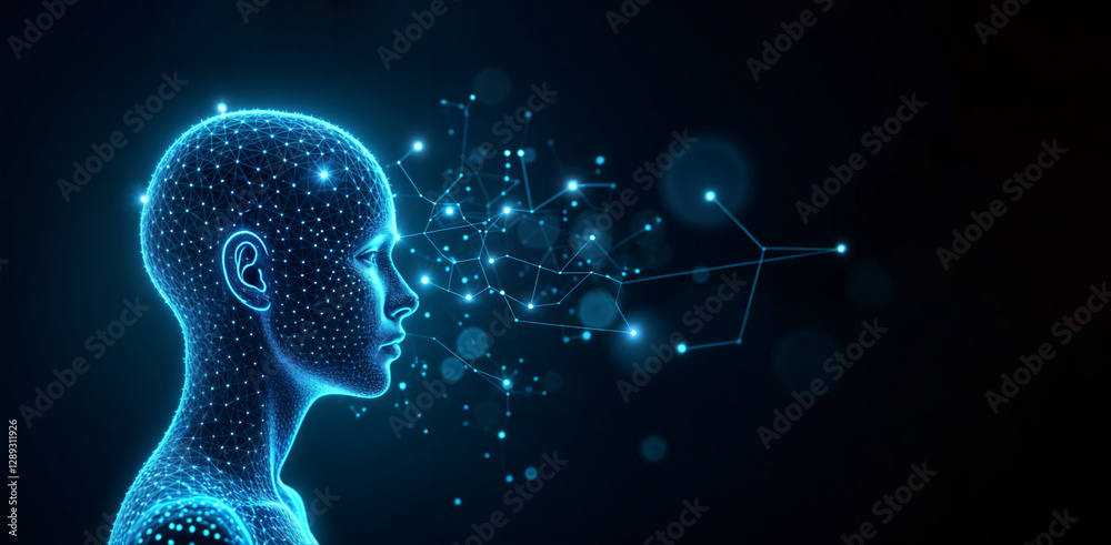 Artificial Intelligence Concept: Digital human head with neural connections and data streams. Copy space