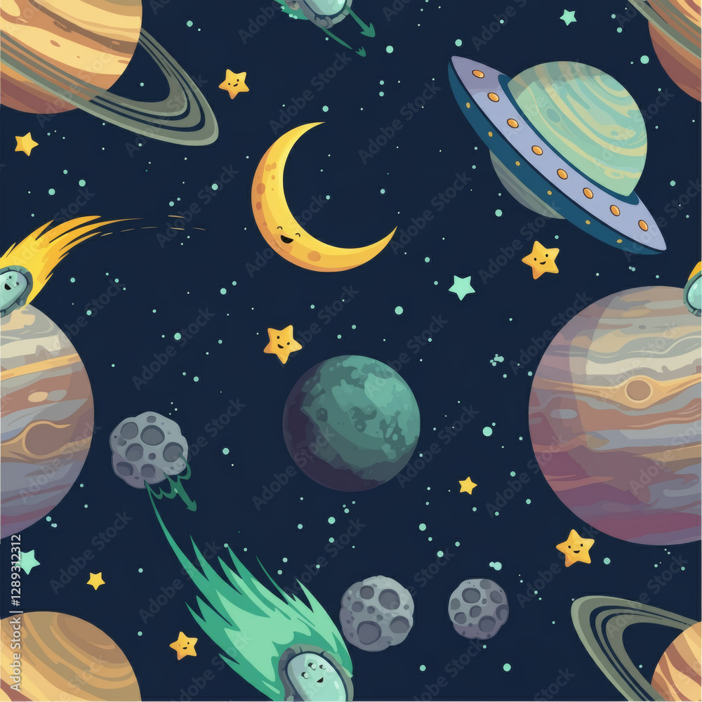 Seamless pattern of cute planets stars UFOs and comets in deep space with cartoon elements for kids space themed design Seamless pattern of cute planets stars UFOs and comets in deep space with cartoon elements for kids space themed design