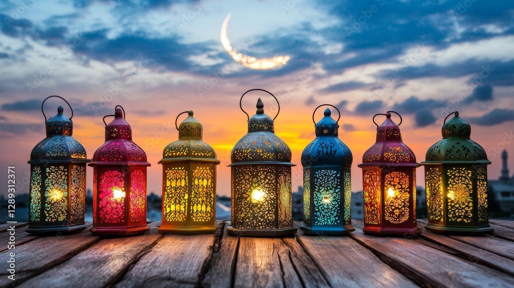 Fototapeta premium Arabian lanterns on an old wooden table with crescent moon and sky in the background, ramadan kareem theme.