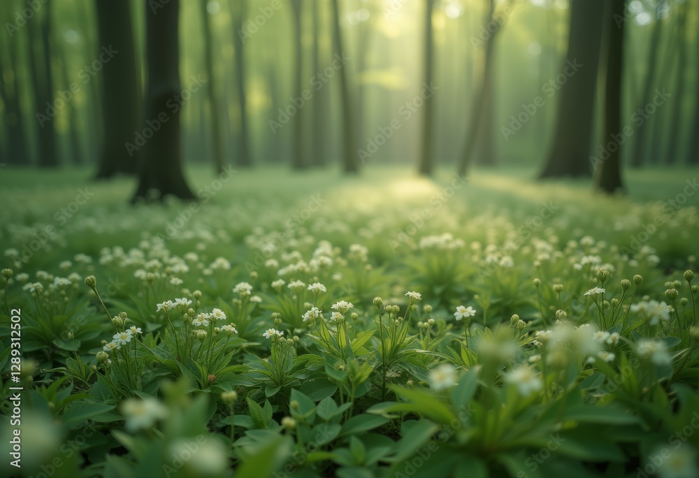 Fototapeta premium Forest Clearing with White Wildflowers and Sunbeams