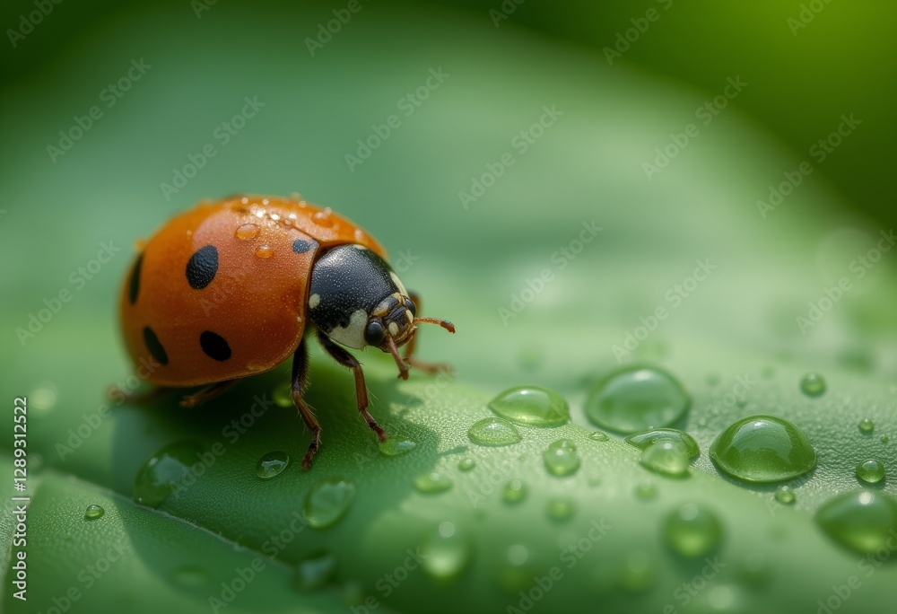 Fototapeta premium Ladybug crawling on a leaf with water droplets showcasing nature's beauty in a close-up shot