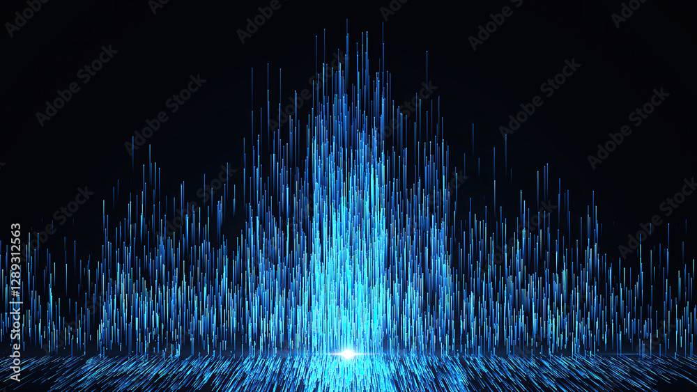 Blue dust sparkling and luxury particles raising. Abstract elegant cyan glowing lines going up with glowing lighting effect and floor reflection on black background.