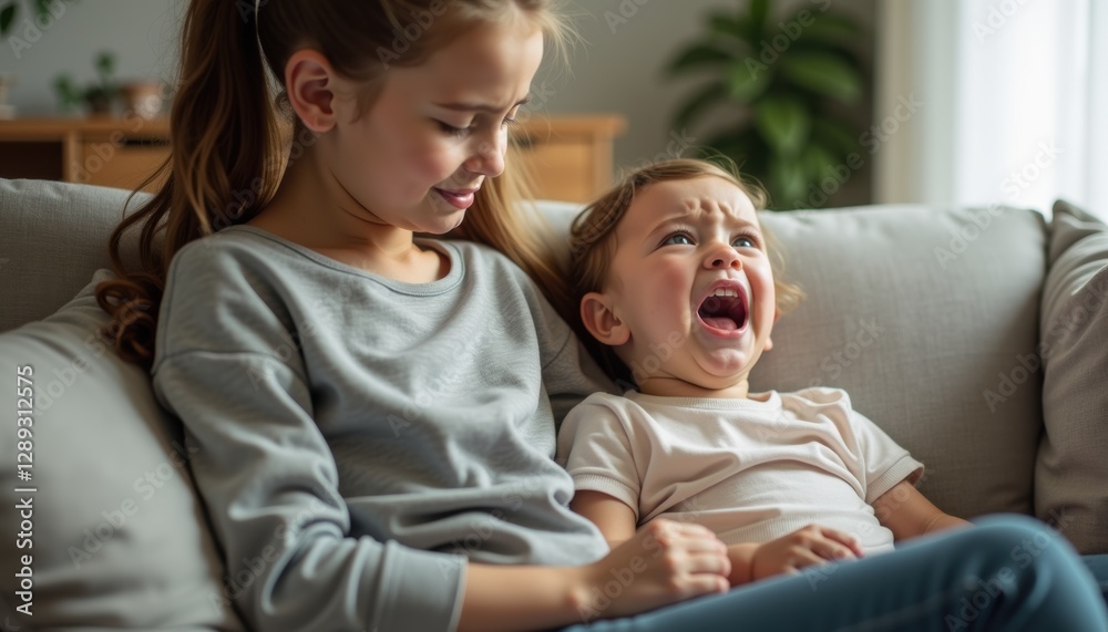 Babysitter calming crying child, sitting together on couch with comforting atmosphere and copy space Babysitter calming crying child, sitting together on couch with comforting atmosphere and copy space