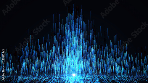 Obraz na płótnie Blue dust sparkling and luxury particles raising. Abstract elegant cyan glowing lines going up with glowing lighting effect and floor reflection on black background. w salonie