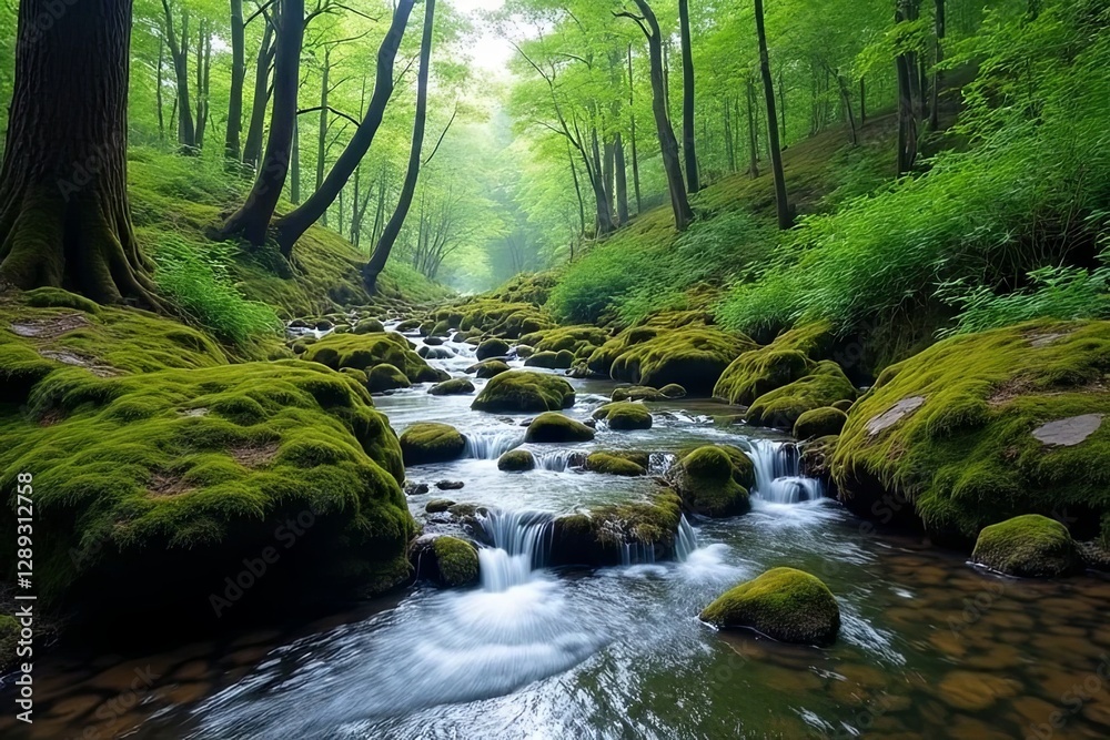 Obraz premium Flowing stream in lush green forest nature photography tranquil environment serene viewpoint