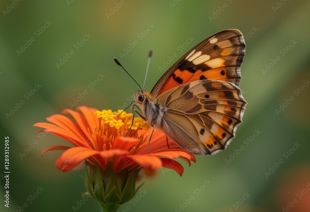 Closeup of a vibrant butterfly resting on an orange flower with yellow stamen Closeup of a vibrant butterfly resting on an orange flower with yellow stamen