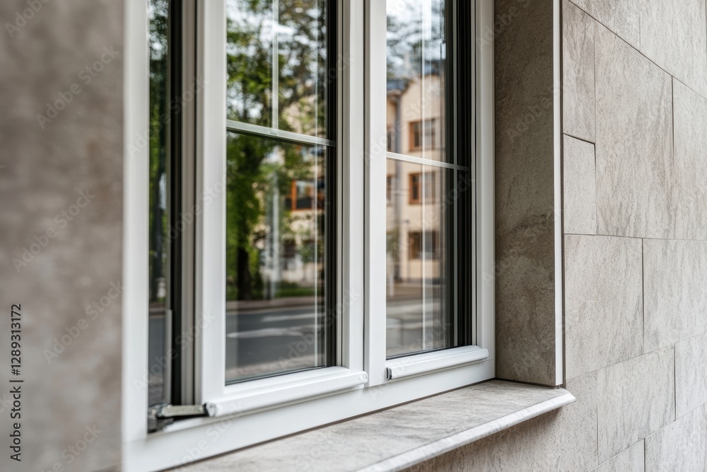 A picture of a new plastic window with hardware details. A picture of a new plastic window with hardware details.