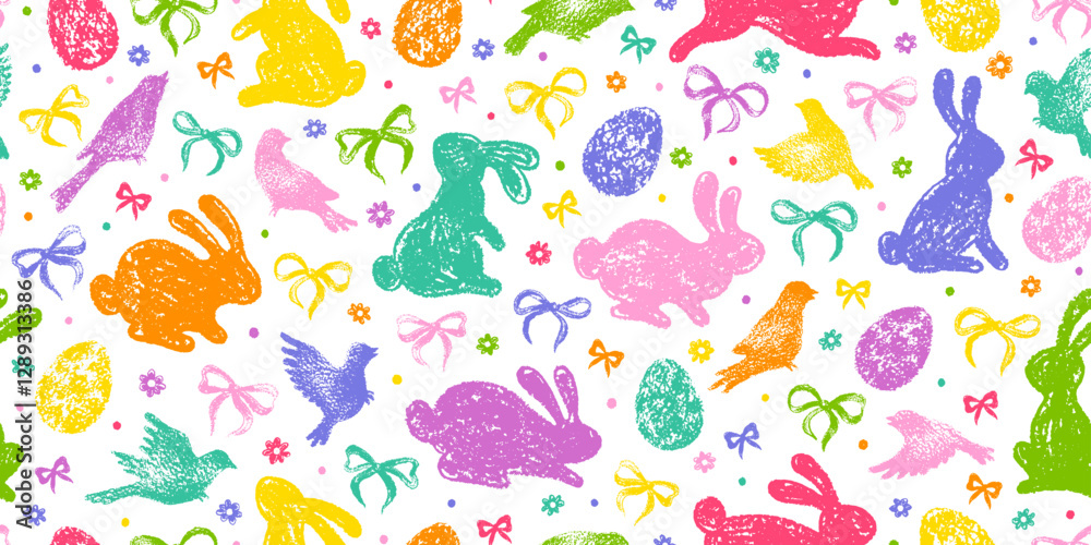 Easter bunny, egg, bow, flower pattern. Seamless Easter background. Crayon rabbit bunny, cute bow, chicken, spring rainbow flower. Vector spring chalk floral seamless pattern. Happy holiday background Easter bunny, egg, bow, flower pattern. Seamless Easter background. Crayon rabbit bunny, cute bow, chicken, spring rainbow flower. Vector spring chalk floral seamless pattern. Happy holiday background