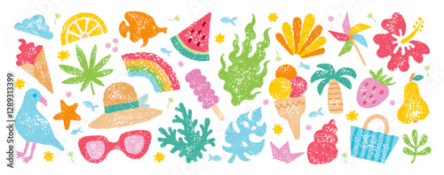 Beach summer icons. Sea vector element. Vacation crayon illustration. Beach sea summer vacation sticker set. Cute holiday icon pattern. Pastel chalk doodle fruit sun watermelon pinwheel flower shell