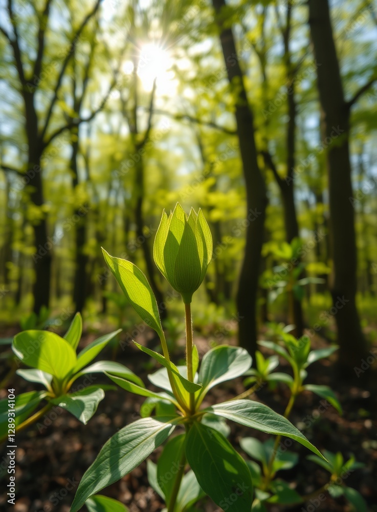 Fototapeta premium Fresh Green Bud Reaching for Sunlight in Vibrant Forest Landscape
