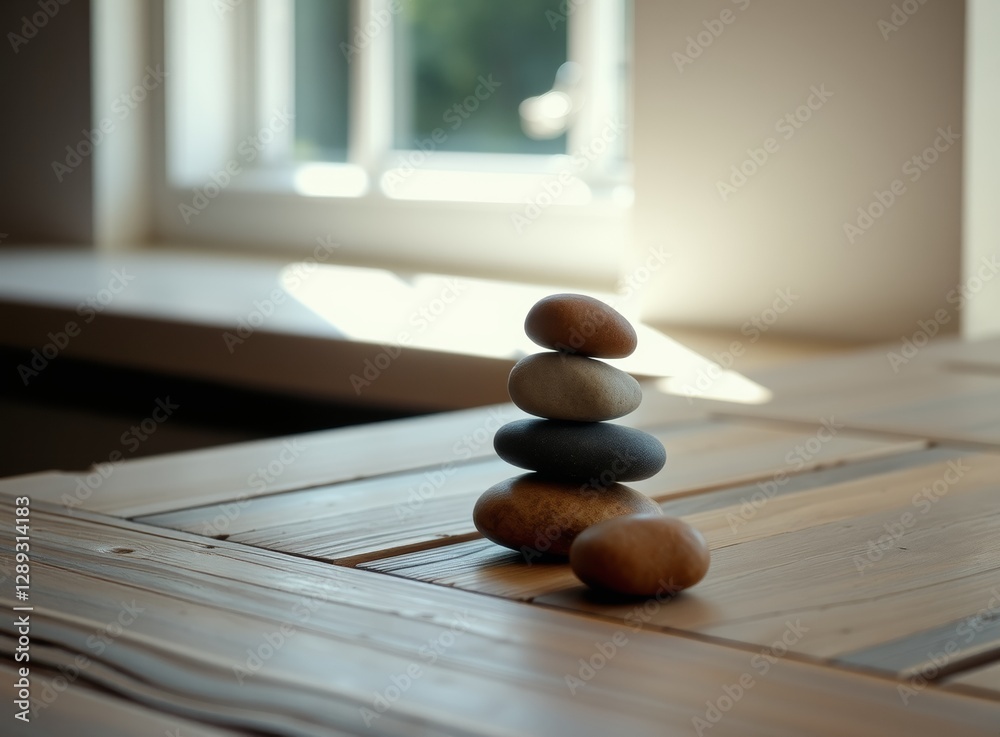 Stacked smooth stones in balance on wooden table near a window, zen moment Stacked smooth stones in balance on wooden table near a window, zen moment
