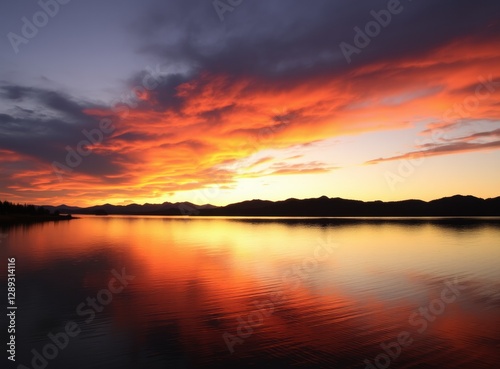 Fiery Sunset Sky Reflected in Calm Lake Water Landscape Nature Scene