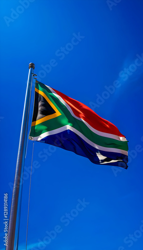Proudly South African: Vibrant Flag Soaring High in the Blue Sky of the Rainbow Nation's Pride and Unity
