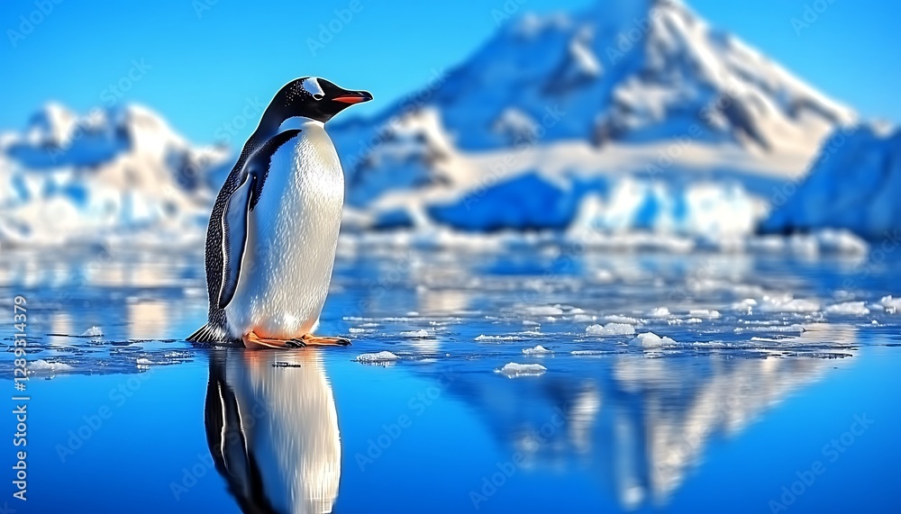 Fototapeta premium Antarctic penguin, icy sea, mountains