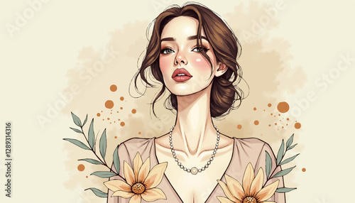 Sophisticated Woman in Peach Top with Pearl Necklace Framed by Stylized Floral Elements
