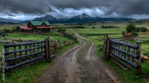 Ranch house, mountain view, dirt road, storm clouds