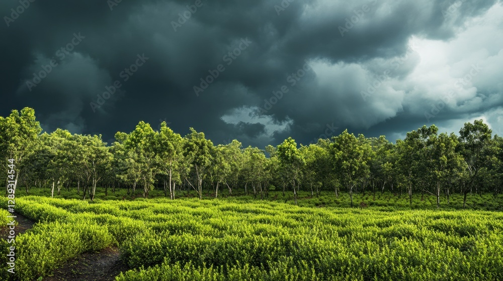 Naklejka premium Lush Green Landscape Under Dark Clouds in a Dramatic Sky