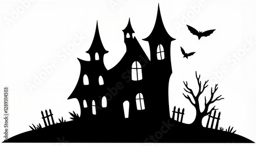 Haunted house silhouette with flying bats, eerie Halloween theme photo