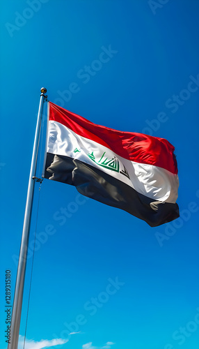 Dynamic Close-Up: Vibrant Iraqi Flag Fluttering Proudly in the Wind Against Clear Blue Sky Background