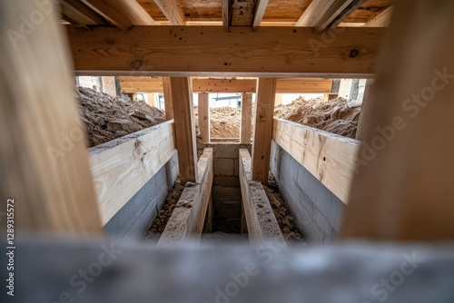 The initial stage of construction - the foundation for the house, view from below. 