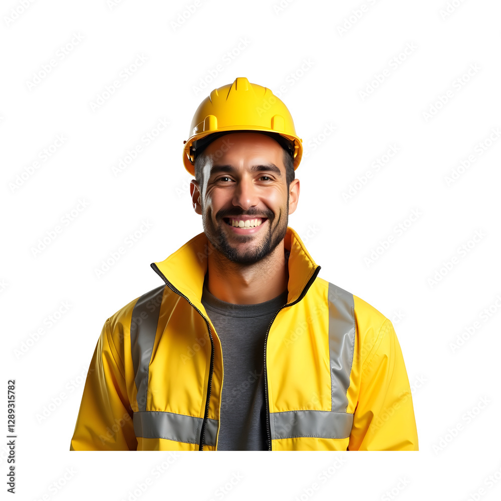 Smiling Construction Worker in Yellow Safety Helmet and Reflective Jacket Isolated on Transparent Background Smiling Construction Worker in Yellow Safety Helmet and Reflective Jacket Isolated on Transparent Background