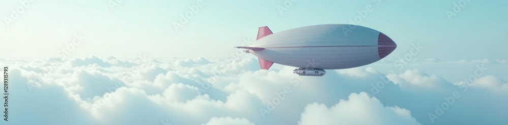 Fototapeta premium An airship drifts on a sea of white fog, against a pale blue sky, white fog,