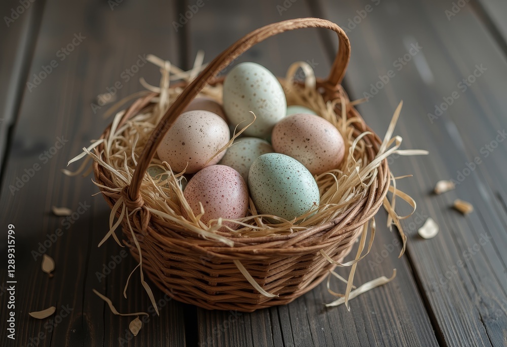 Wicker basket filled with a variety of pastel-colored eggs on a wooden surface with a natural straw bed, evoking a warm and inviting Easter and springtime atmosphere. Wicker basket filled with a variety of pastel-colored eggs on a wooden surface with a natural straw bed, evoking a warm and inviting Easter and springtime atmosphere.