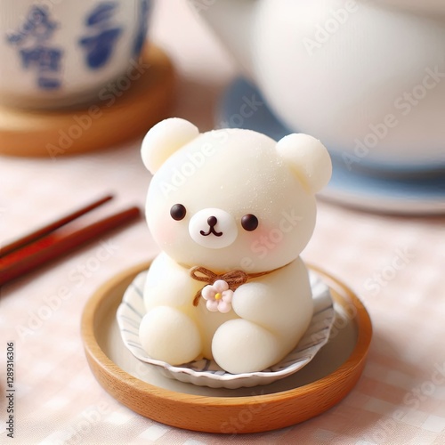 A tiny bear-shaped mochi sitting on a cute little plate