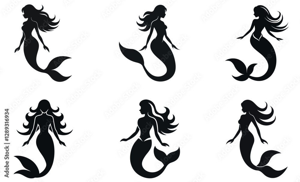Obraz premium This image features six silhouette illustrations of mermaids against a plain white backdrop.