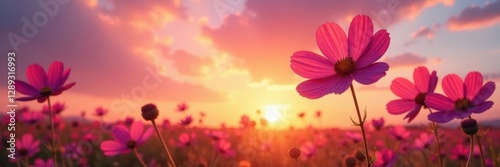 Pink cosmos flowers swaying gently in the wind against a stunning sunset sky, sunflower, cosmic flowers photo