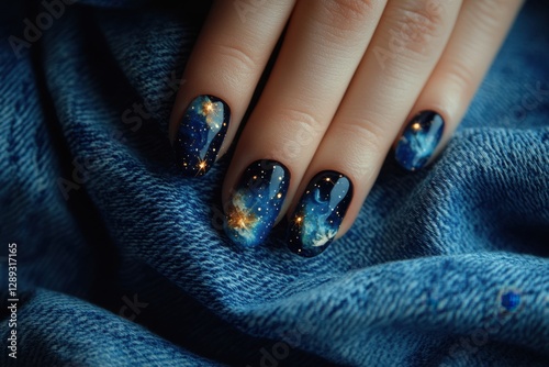 Close-up of a hand with blue galaxy-themed nail art featuring stars and fish, resting on denim fabric. 