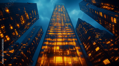 Wallpaper Mural Tall buildings dominate the cityscape as night falls, their windows illuminated in warm hues. The atmosphere feels electric, with clouds swirling above, adding to the dynamic urban energy Torontodigital.ca