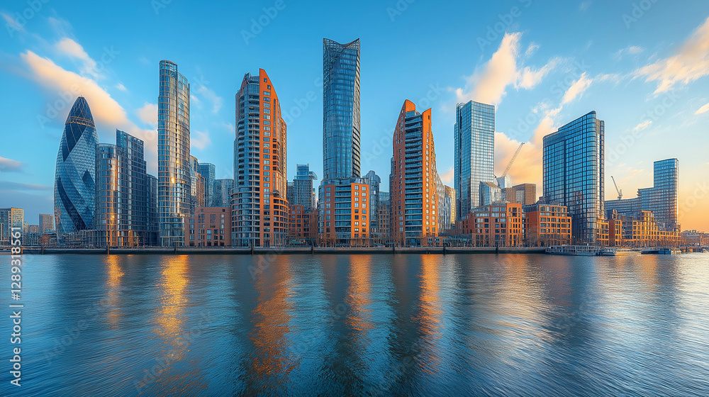 Fototapeta premium Brilliant reflections dance on calm waters as the sun sets, casting a golden glow on the sleek skyscrapers of a bustling modern city, blending nature and architecture harmoniously