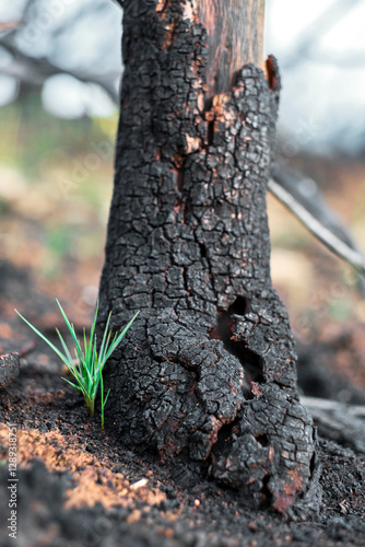 Фототапет New plant growing near burnt tree after wildfire in forest